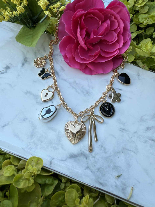 Black Charm Necklace-heart Clock Bow Lock Charms