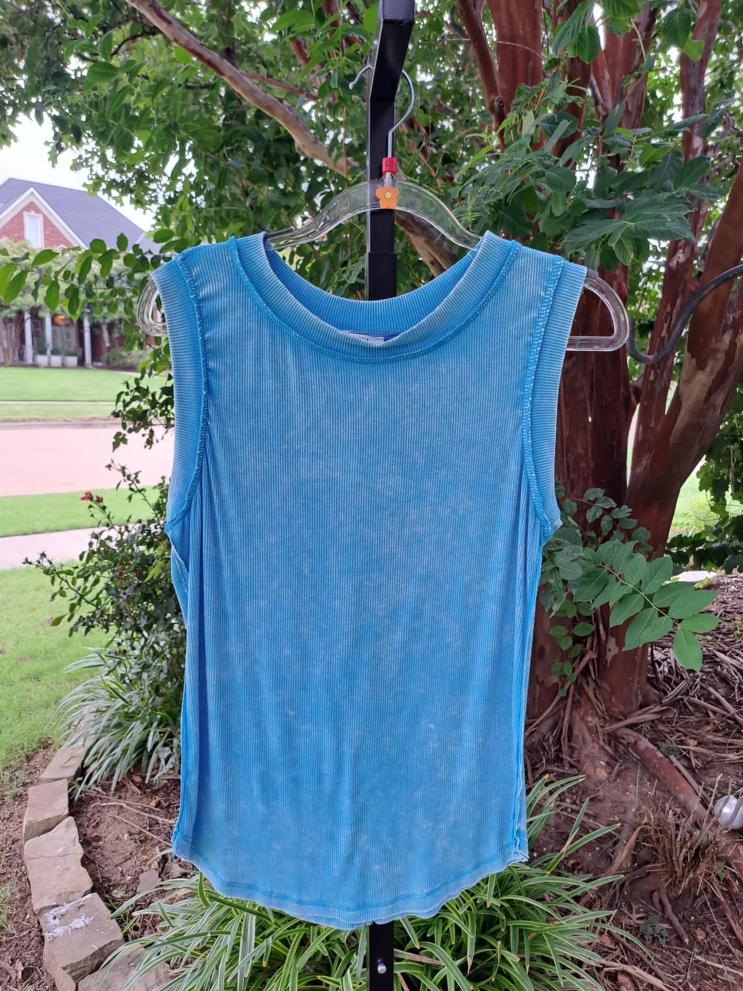 Washed Blue Ribbed Scoop Neck Tank Top - Large