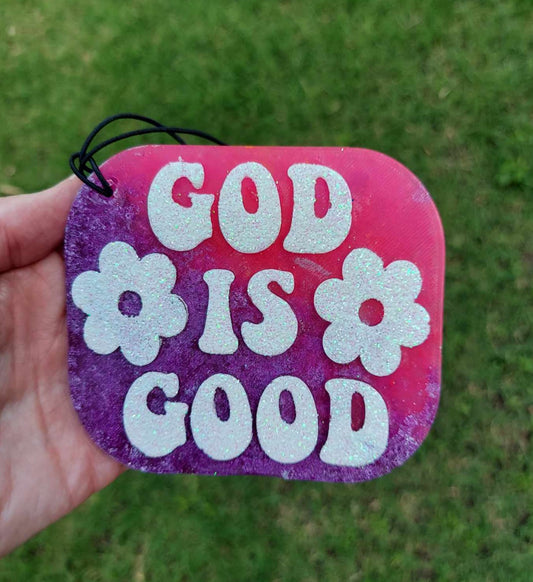 God Is Good Freshie - Blue/Pink Tie Dye Background White Text