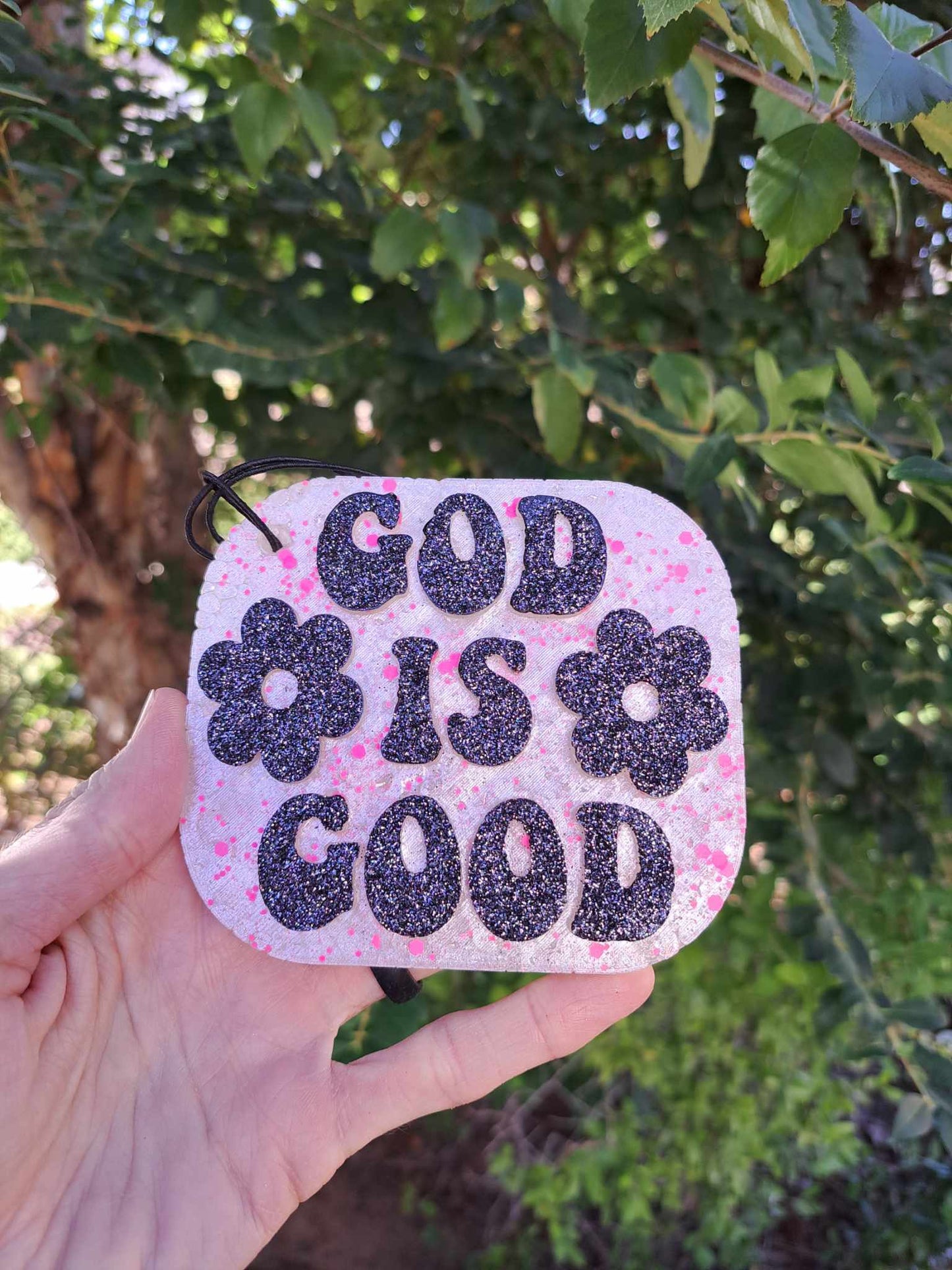 God Is Good Freshie - White Metallic Background & Black Text