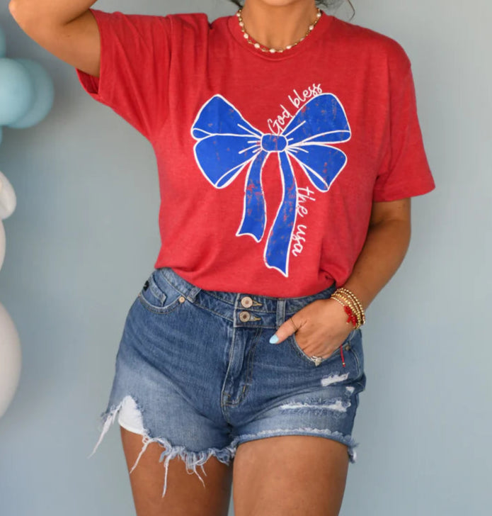 red tee with blue bow, front