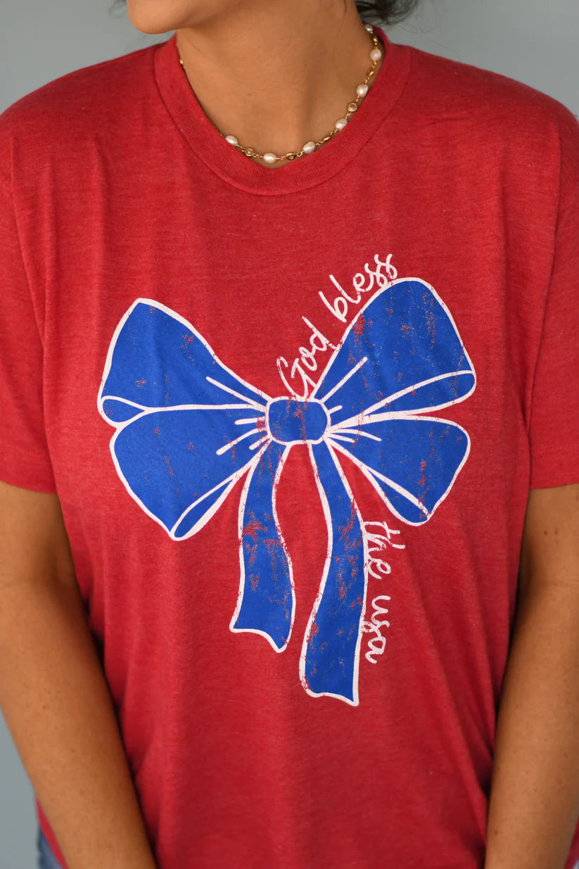 red tee blue bow, front