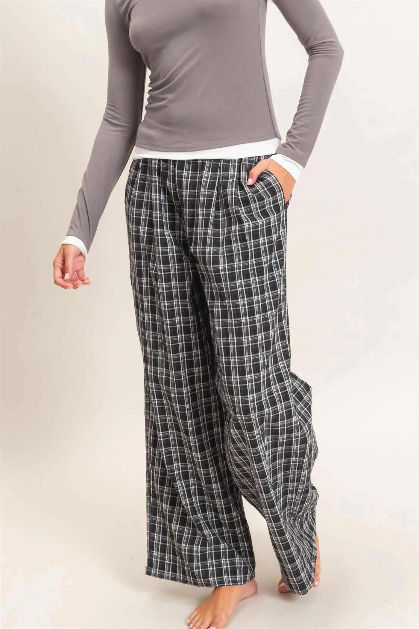Black Elastic Waist Plaid Pants