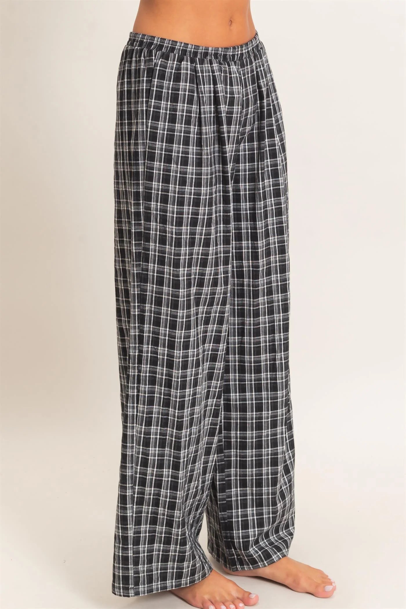 Black Elastic Waist Plaid Pants