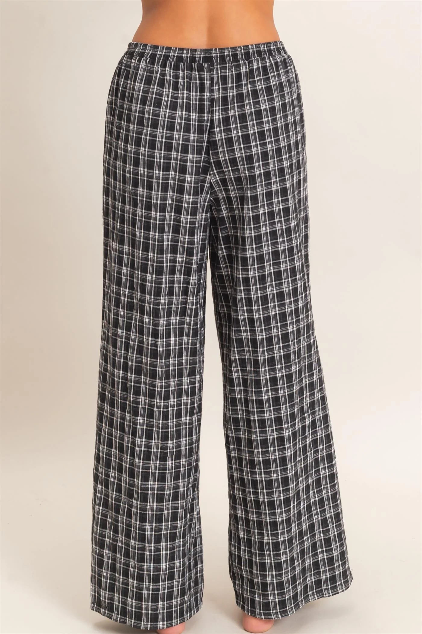 Black Elastic Waist Plaid Pants