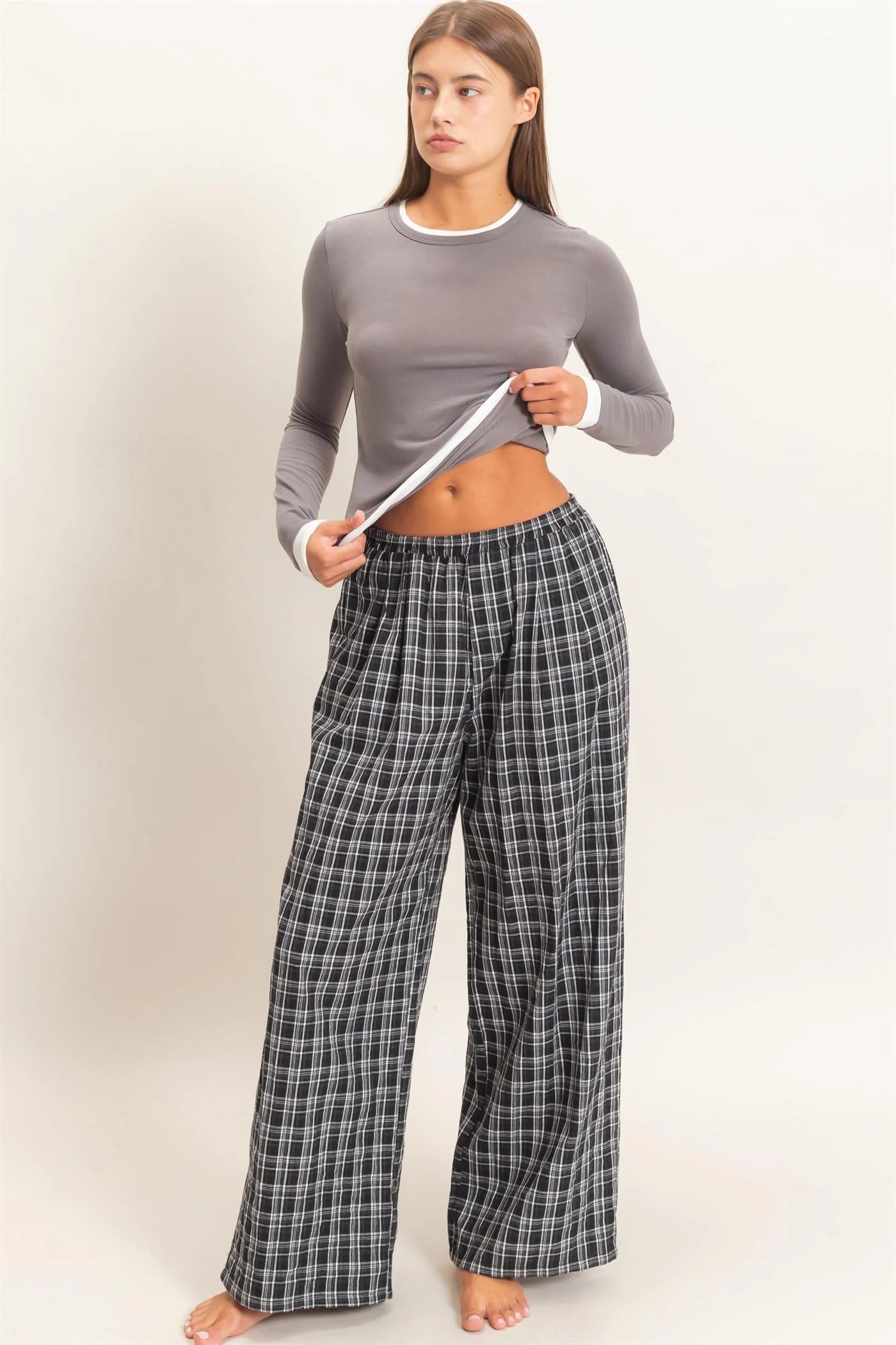 Black Elastic Waist Plaid Pants