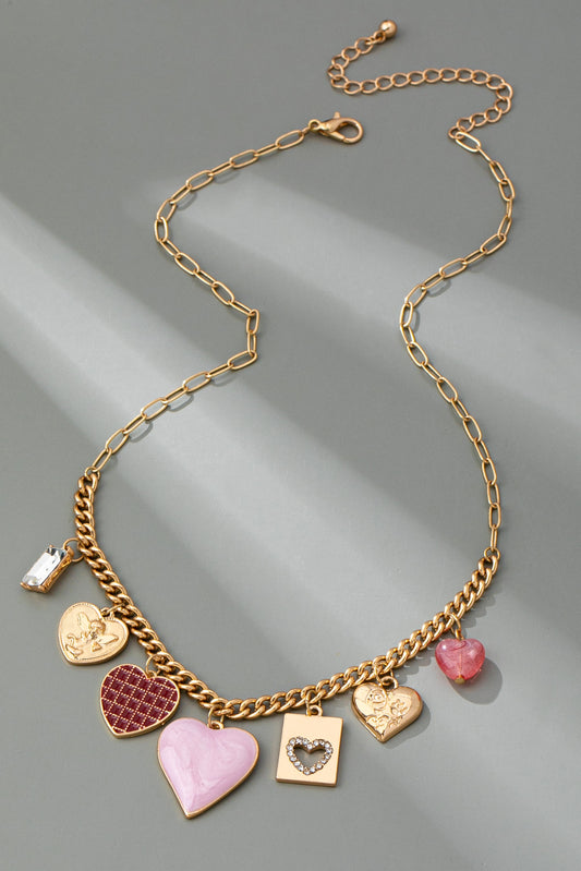 Charm Necklace - Pink Cherub and Check Hearts