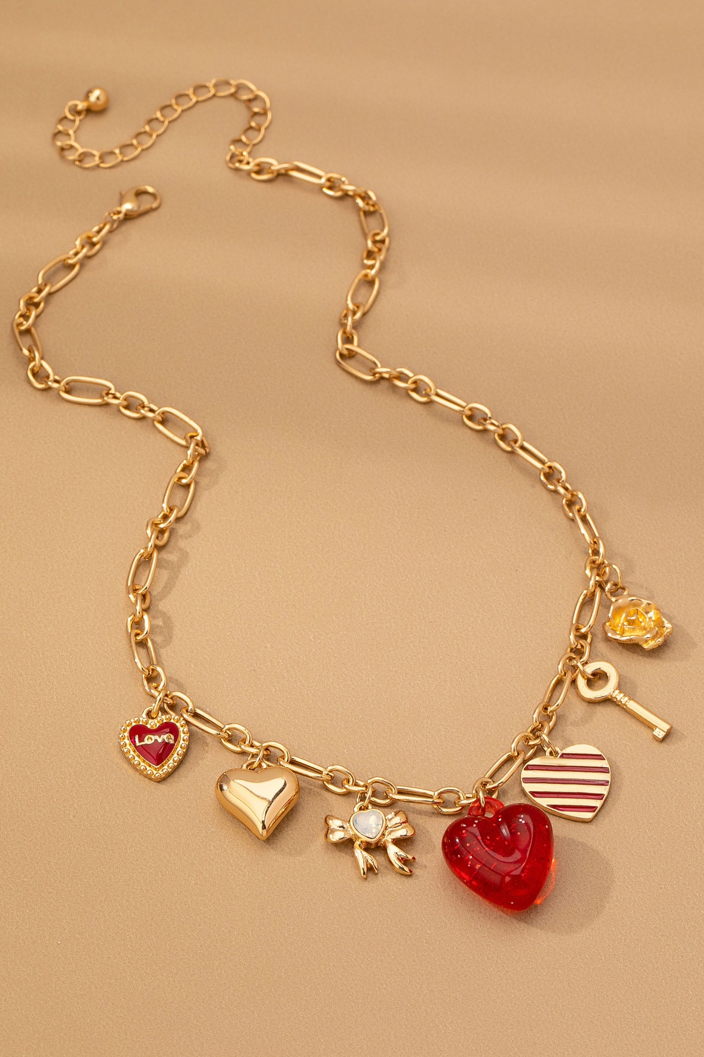 Charm Necklace - Red Heart Bow Rose and Key
