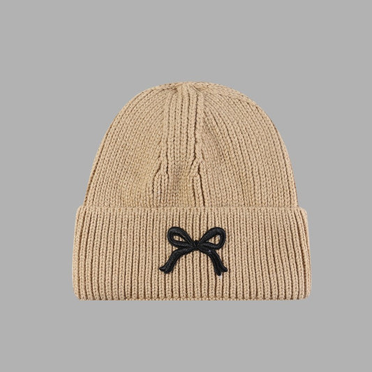 Soft Ribbed Knit Bow Accent Beanie Hat - Taupe