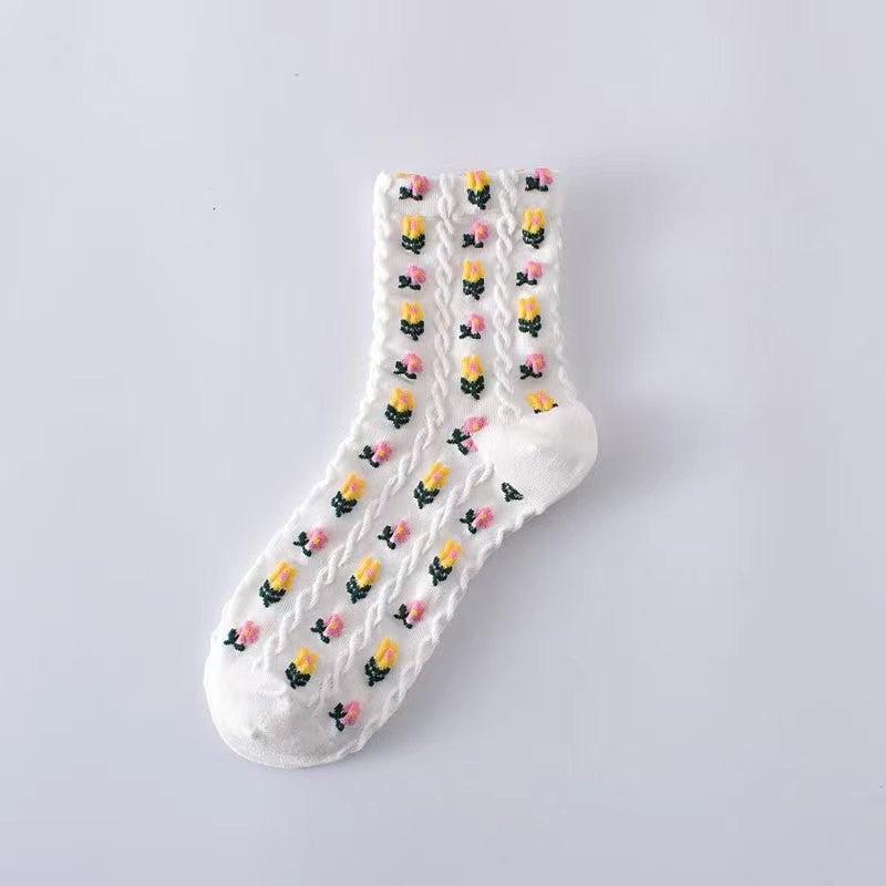 Colorful Flower Mid Calf Length Textured fSocks