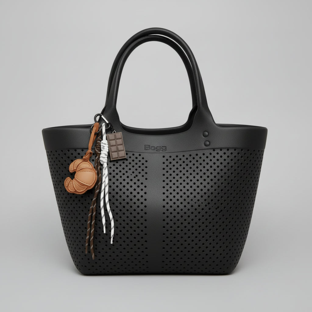 Keychain charm with chocolate bar, croissant, and rope on a black bag with neutral lighting