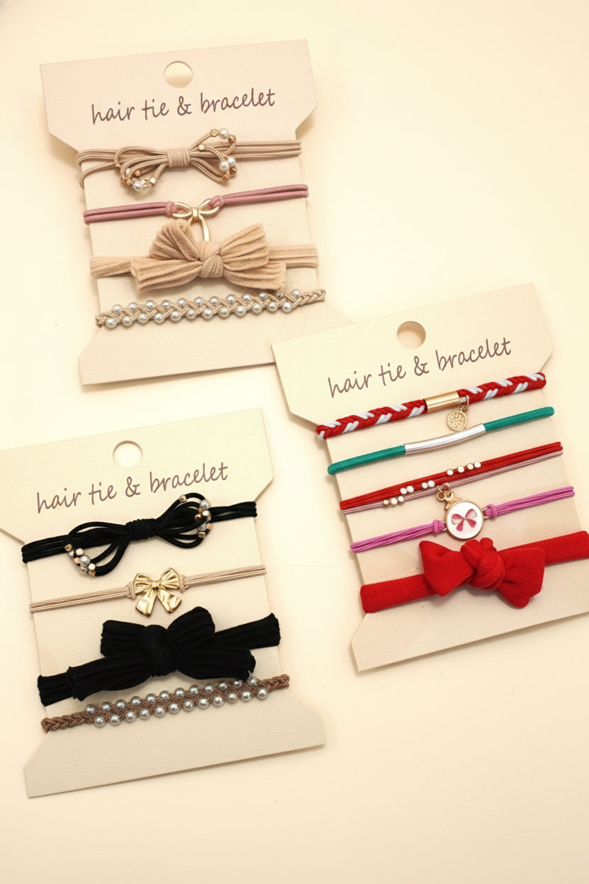 Boho Duo Hair Tie Bracelet - Red, Ivory, and Black