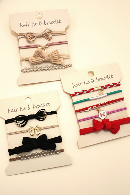 Boho Duo Hair Tie Bracelet - Red, Ivory, and Black