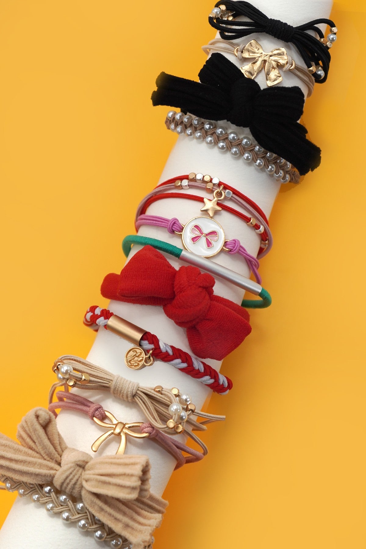 Boho Duo Hair Tie Bracelet - Red, Ivory, and Black