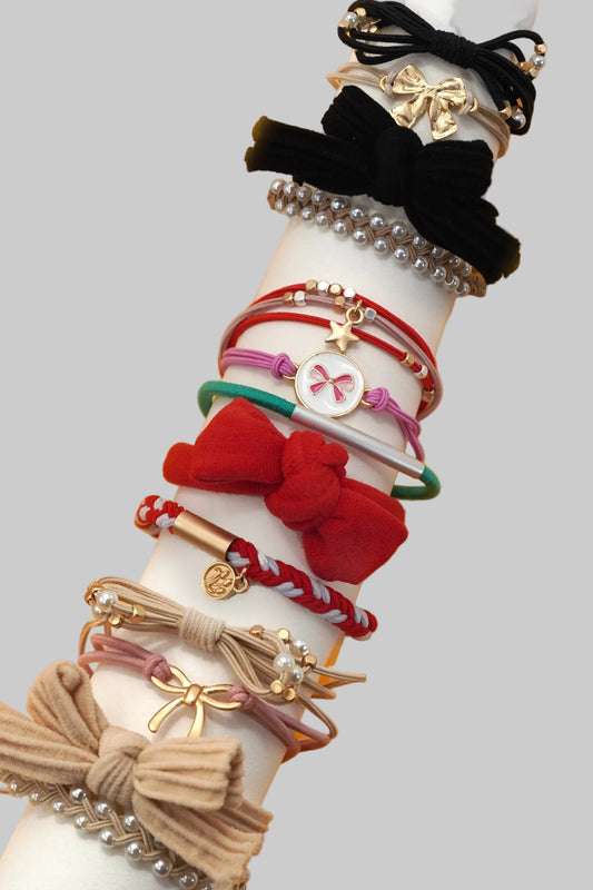 Boho Duo Hair Tie Bracelet - Red, Ivory, and Black