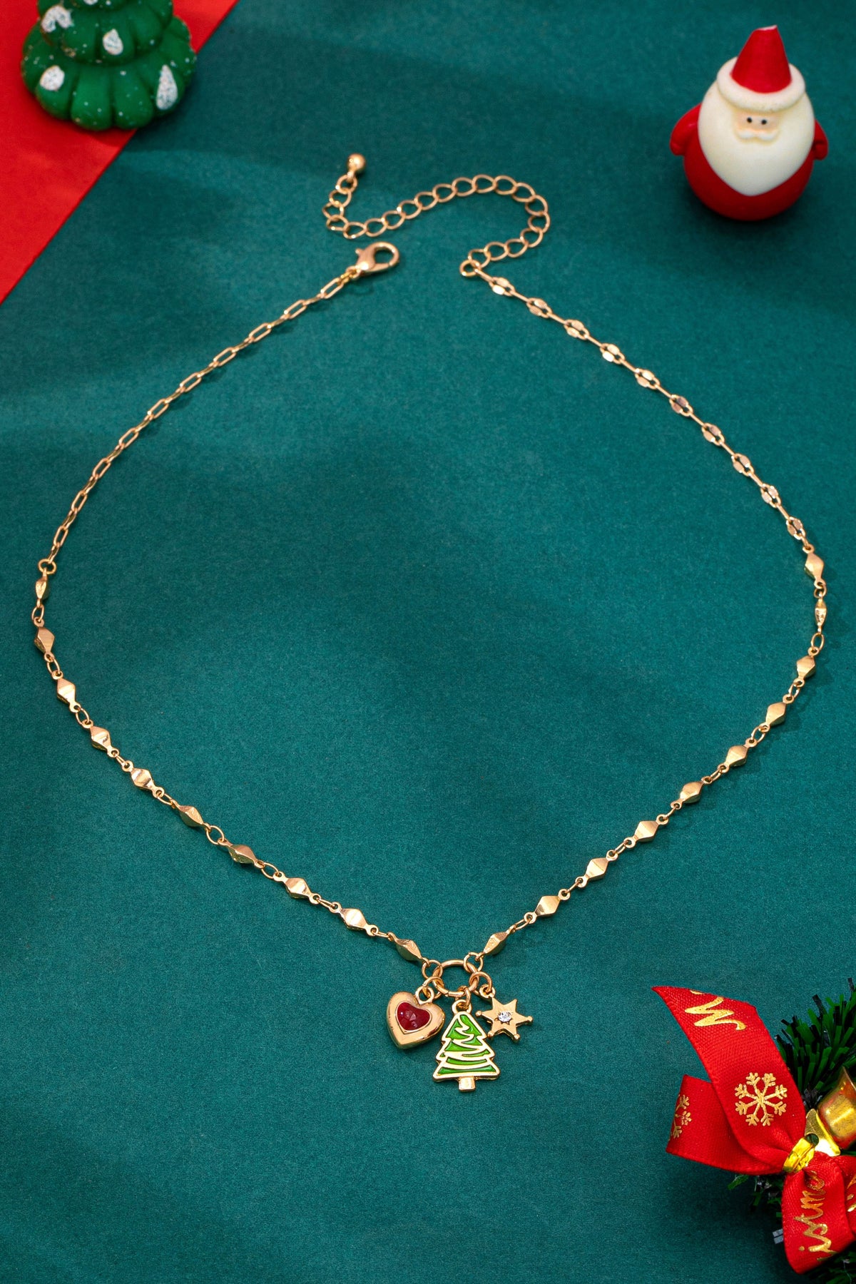 Christmas Tree And Heart Charm Cluster Necklace