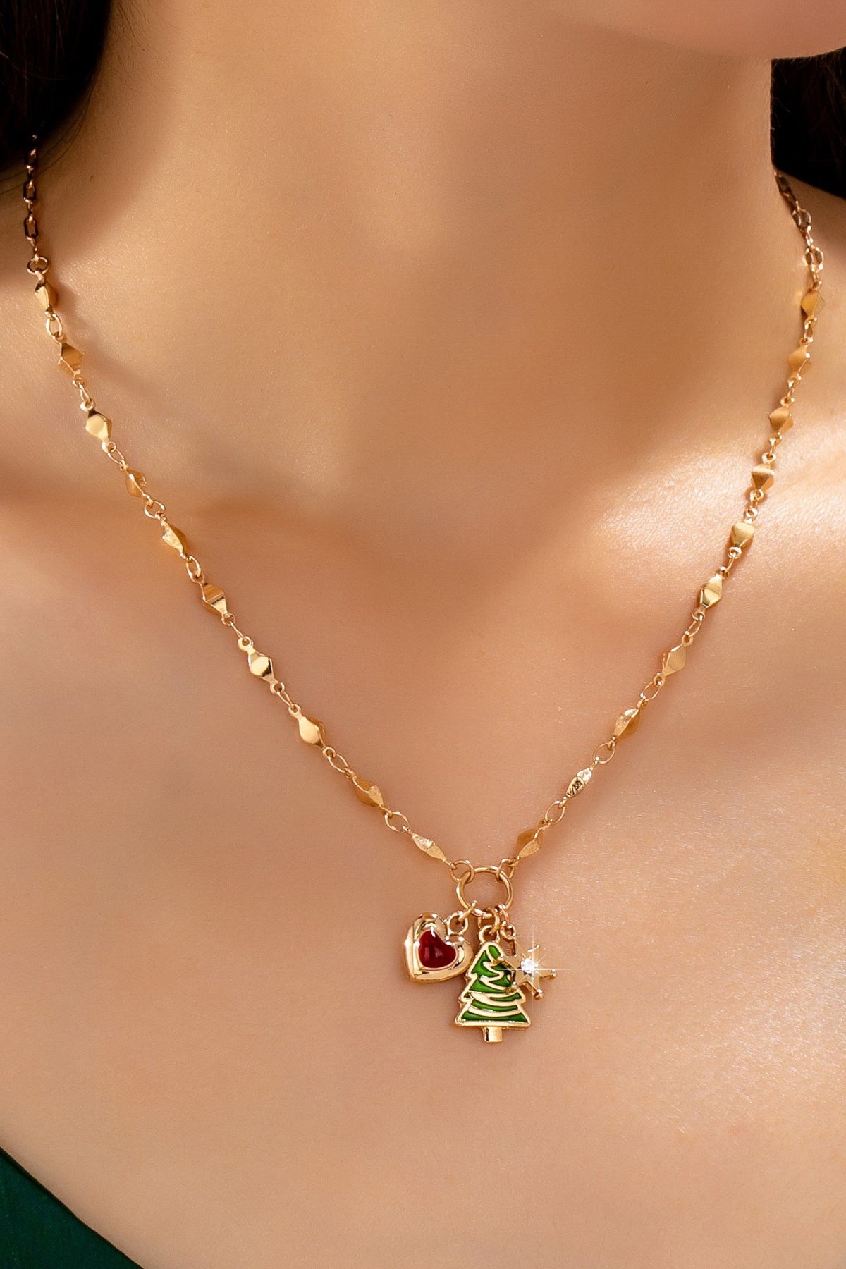 Christmas Tree And Heart Charm Cluster Necklace