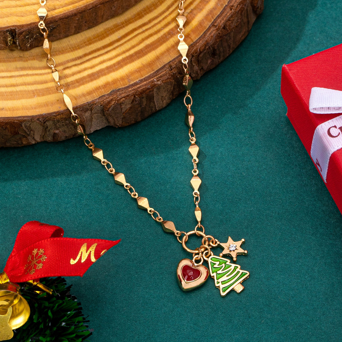 Christmas Tree And Heart Charm Cluster Necklace