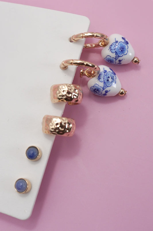 Vintage Ceramic Porcelin Tro Huggie Hoop Earrings