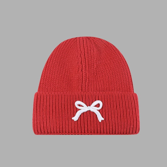 Soft Ribbed Knit Bow Accent Beanie Hat - Red
