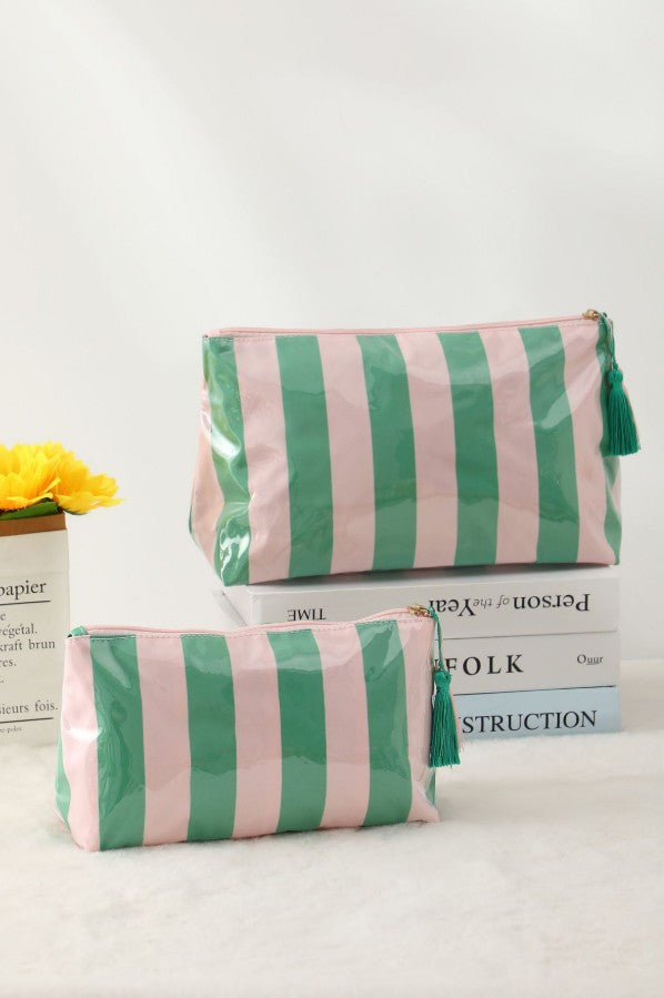 Vinyl Travel Striped Cosmetic Bag - Pink Green
