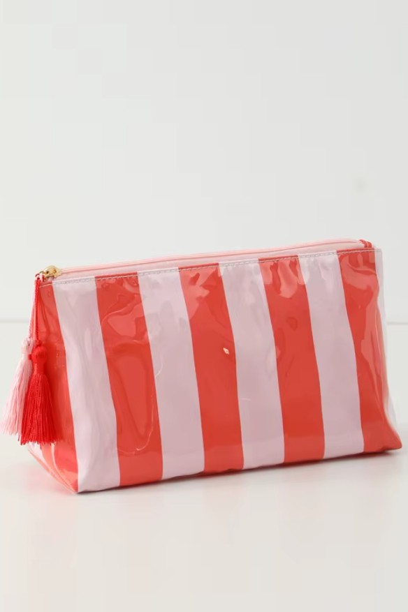 Vinyl Travel Striped Cosmetic Bag - Pink Red
