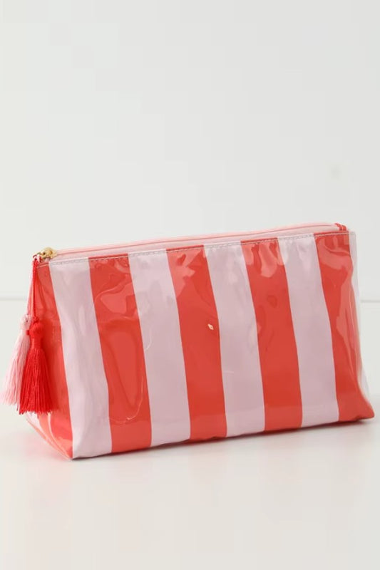 Vinyl Travel Striped Cosmetic Bag - Pink Red