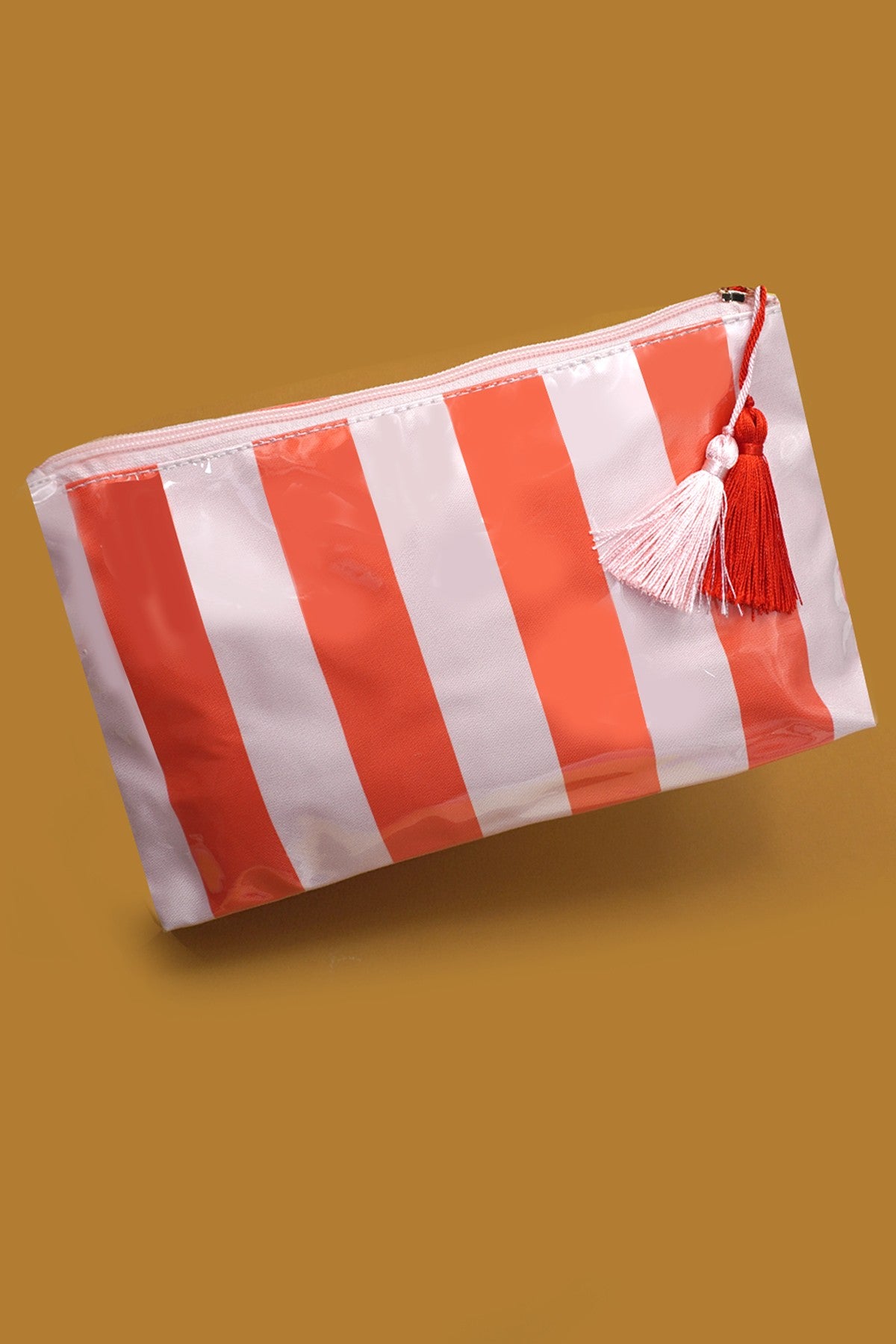 Vinyl Travel Striped Cosmetic Bag - Pink Red