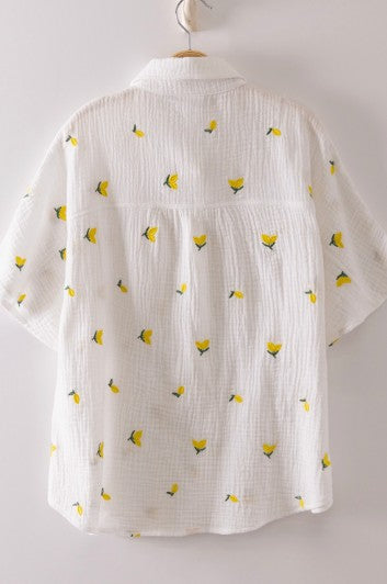 Lemon Embroidered Gauze Button Front Top S M L 1X 2X