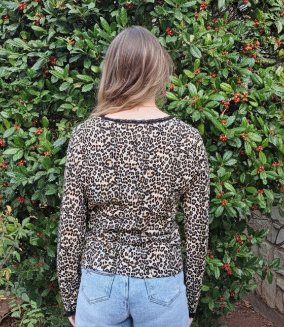 Person wearing a leopard print top and blue jeans standing in front of a stone wall and holly bush.