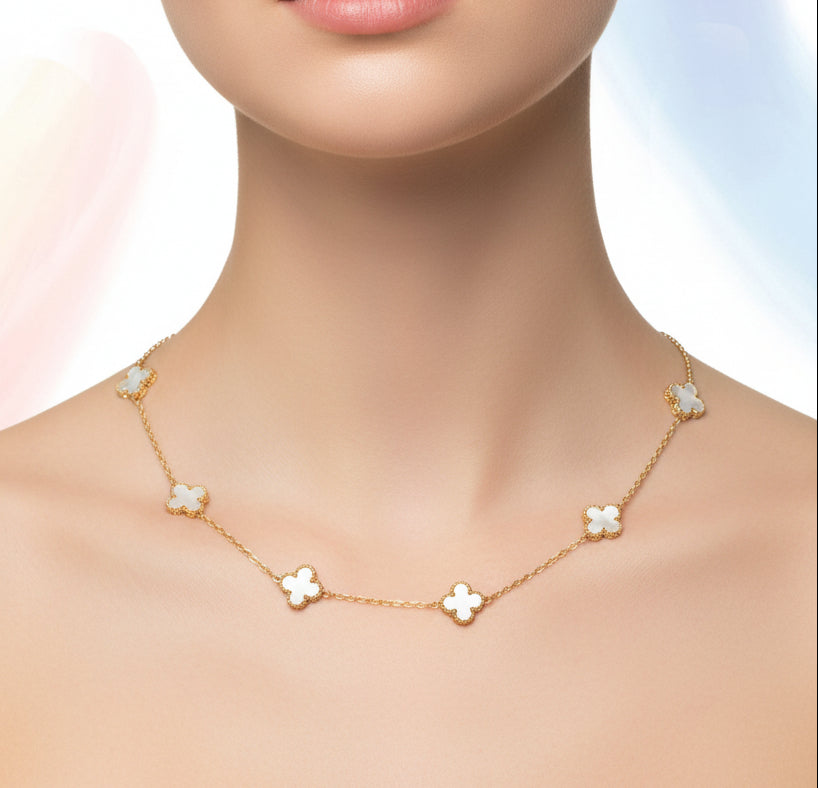 Gold necklace with floral designs worn by a stylized face on a gradient background