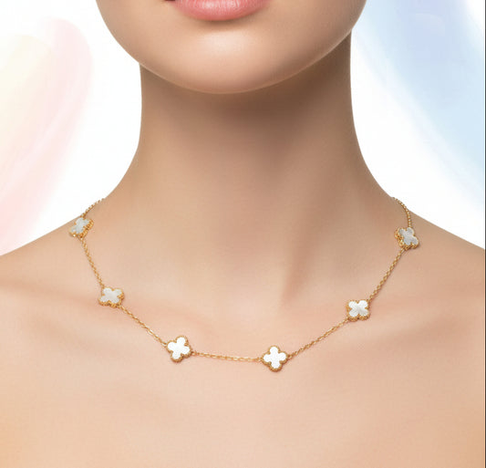Gold necklace with floral designs worn by a stylized face on a gradient background