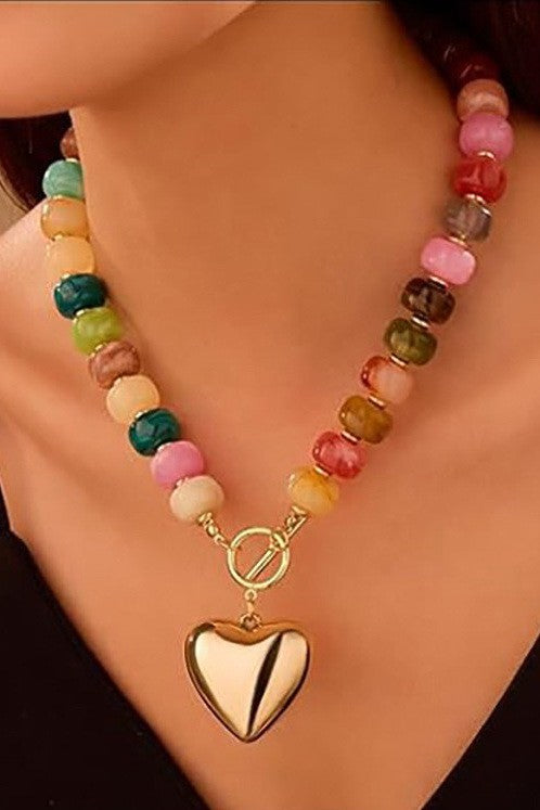 Multi-Color Chunky Beaded Necklace with Gold Heart Pendant