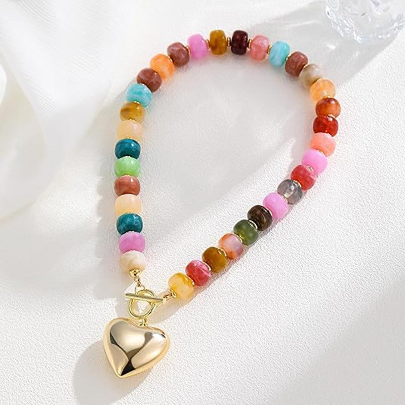 Multi-Color Chunky Beaded Necklace with Gold Heart Pendant