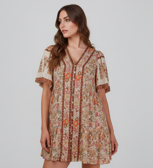 Woman wearing a patterned dress on a plain background