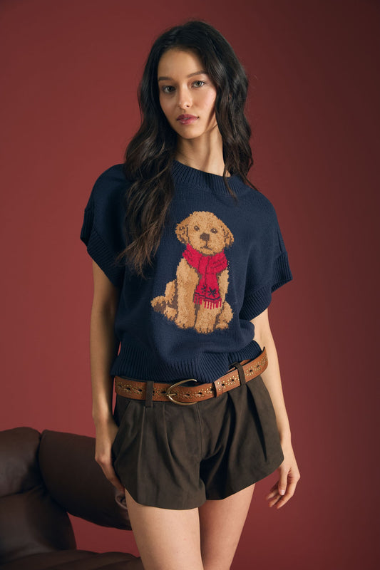 Navy Puppy Jacquard Short Sleeve Knit Sweater