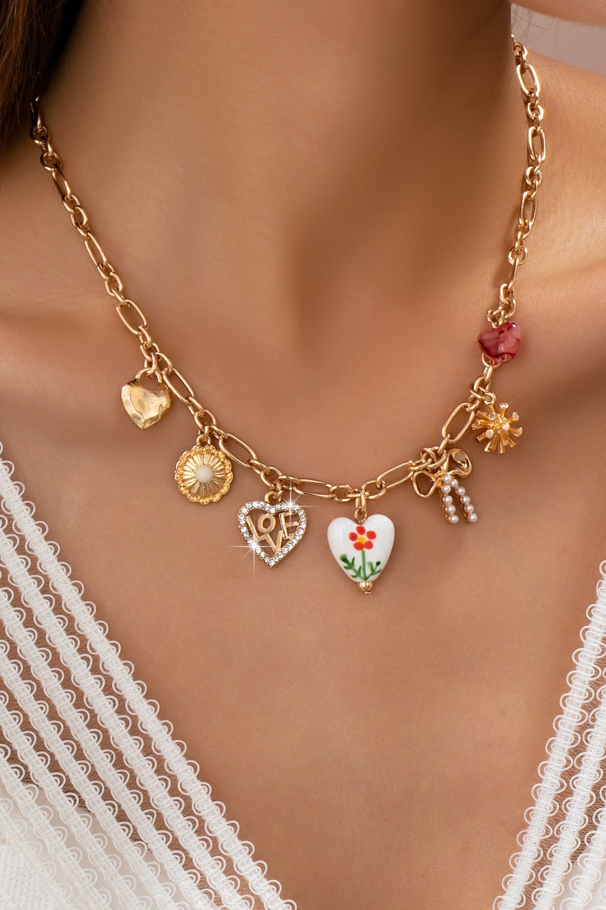 Porcelain Heart Multi-charm Statement Necklace