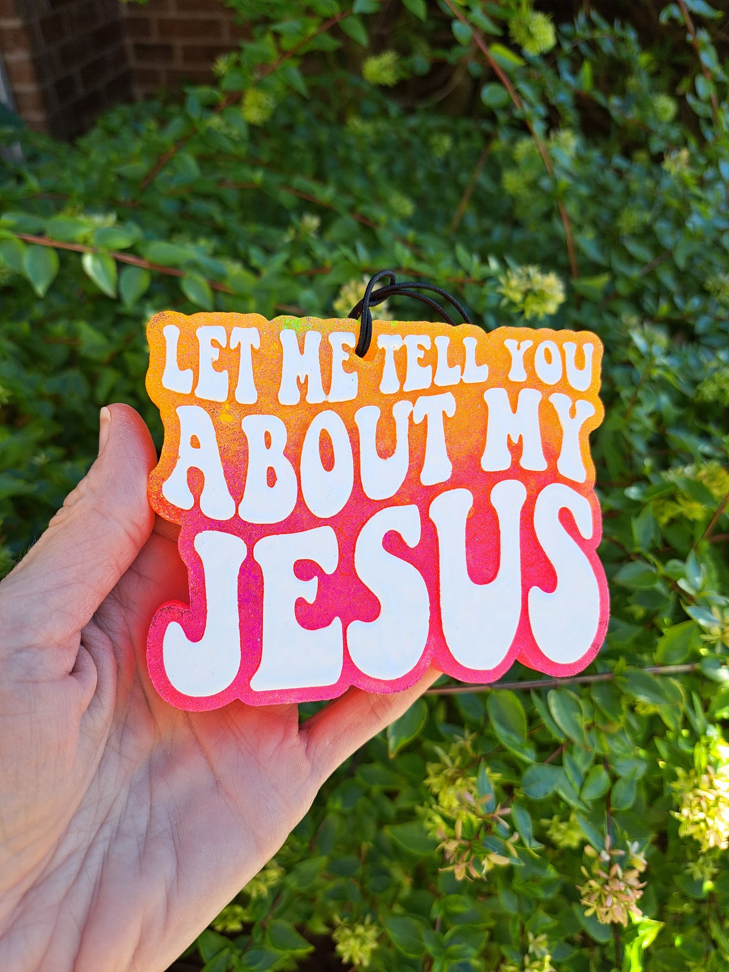 hand holding an ombre freshie that says, "let me tell you about my Jesus" against a greenery background