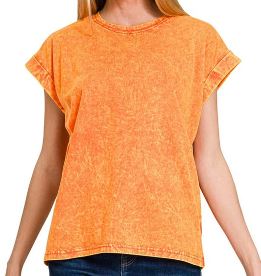 Orange Drop Shoulder Acid Washed Top LARGE ONLY