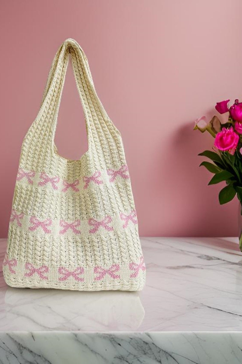 Knitted Woven Crochet Tote Bag With Pink Bows