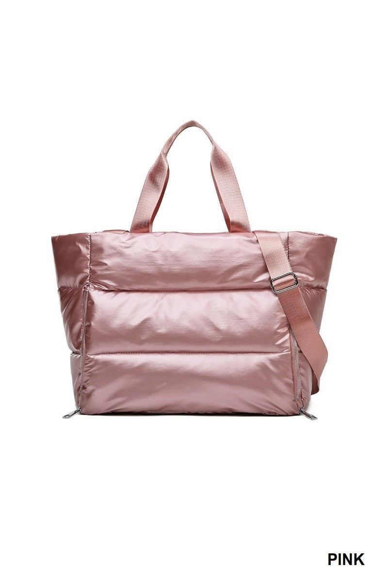 Pink Metallic Puffy Quilted Waterproof Tote Bag