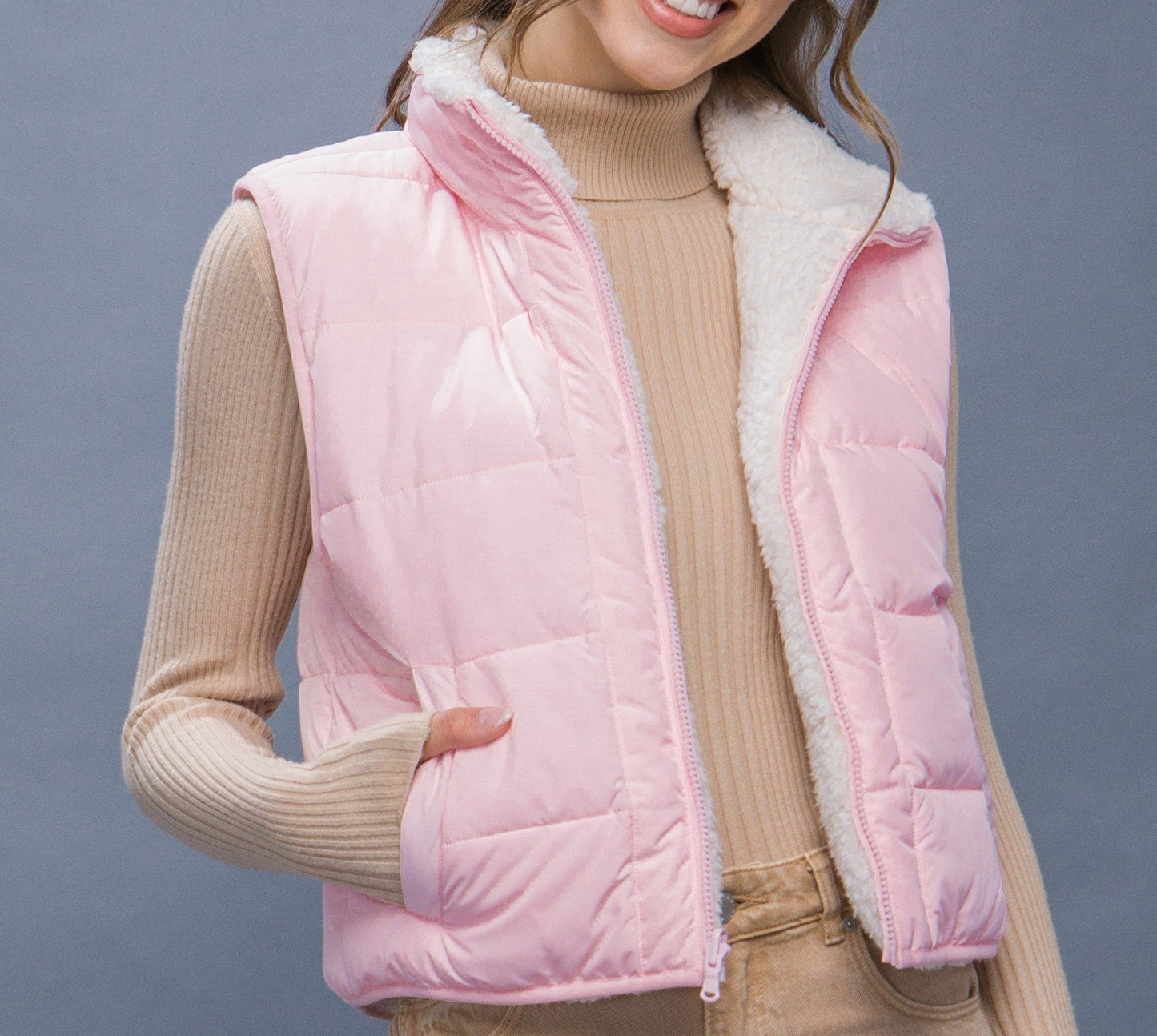 Reversible Pink Puffer Vest With Sherpa Lining