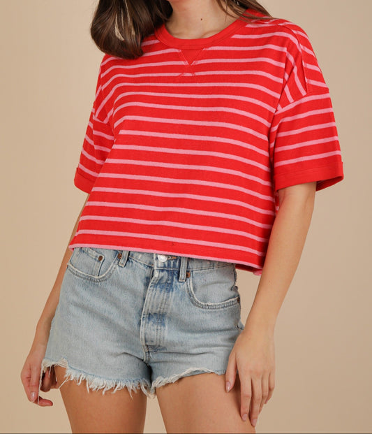 Red and Pink Striped Terry Feel Striped Knit Top - VeryJ