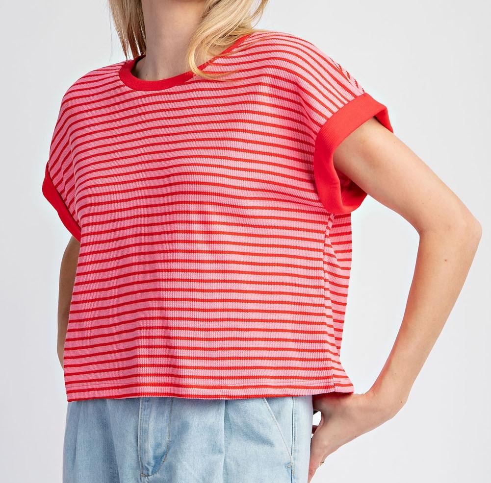 Pink & Red Striped Short Sleeve Top - Waffle Texture