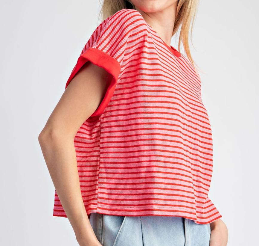 Pink & Red Striped Short Sleeve Top - Waffle Texture