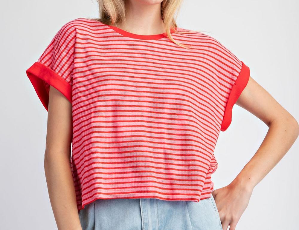 Pink & Red Striped Short Sleeve Top - Waffle Texture