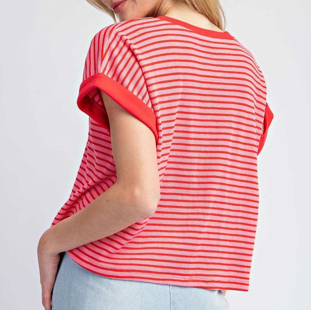 Pink & Red Striped Short Sleeve Top - Waffle Texture