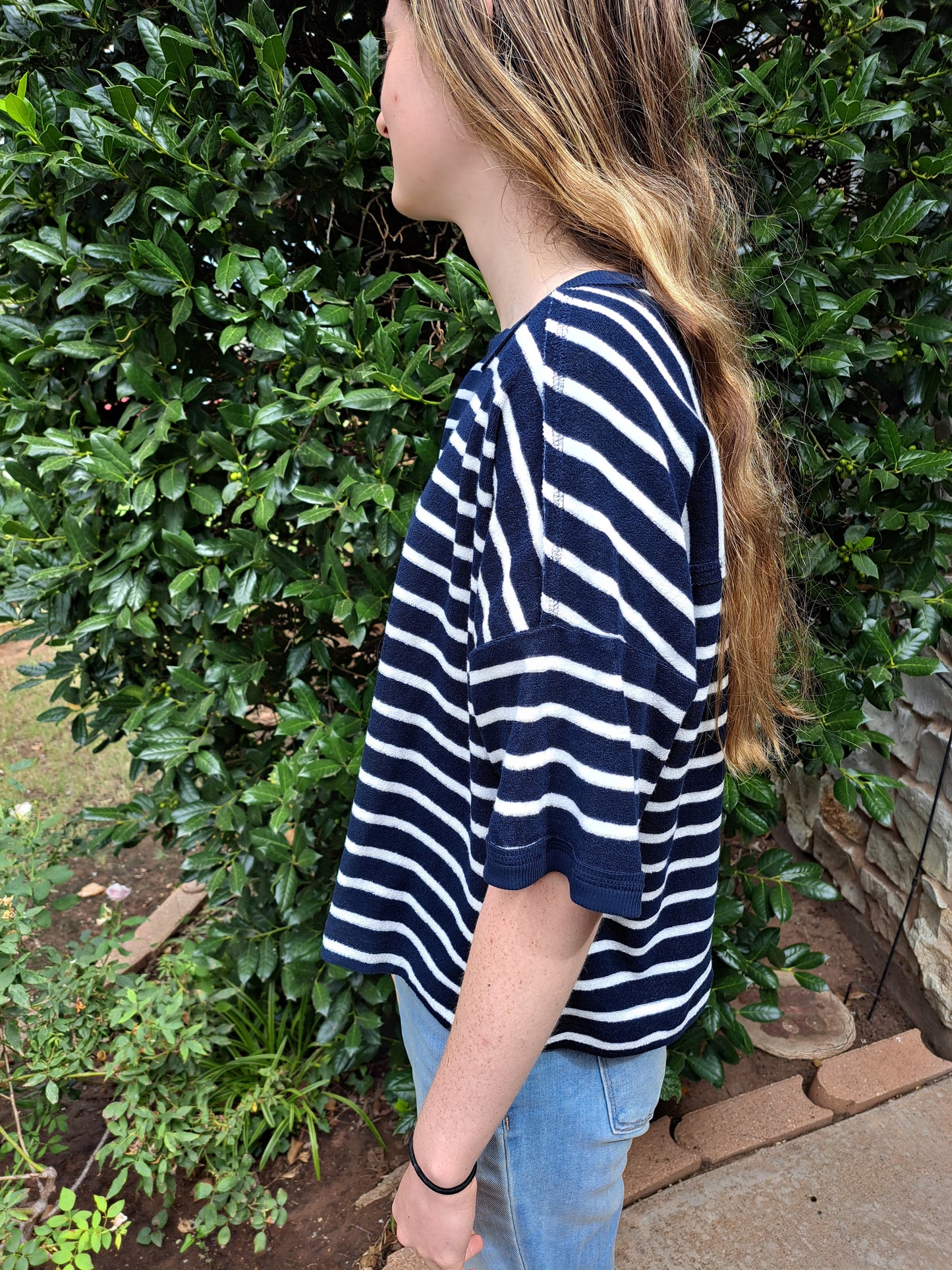 Oversized Navy and White Striped Terry Top - M L