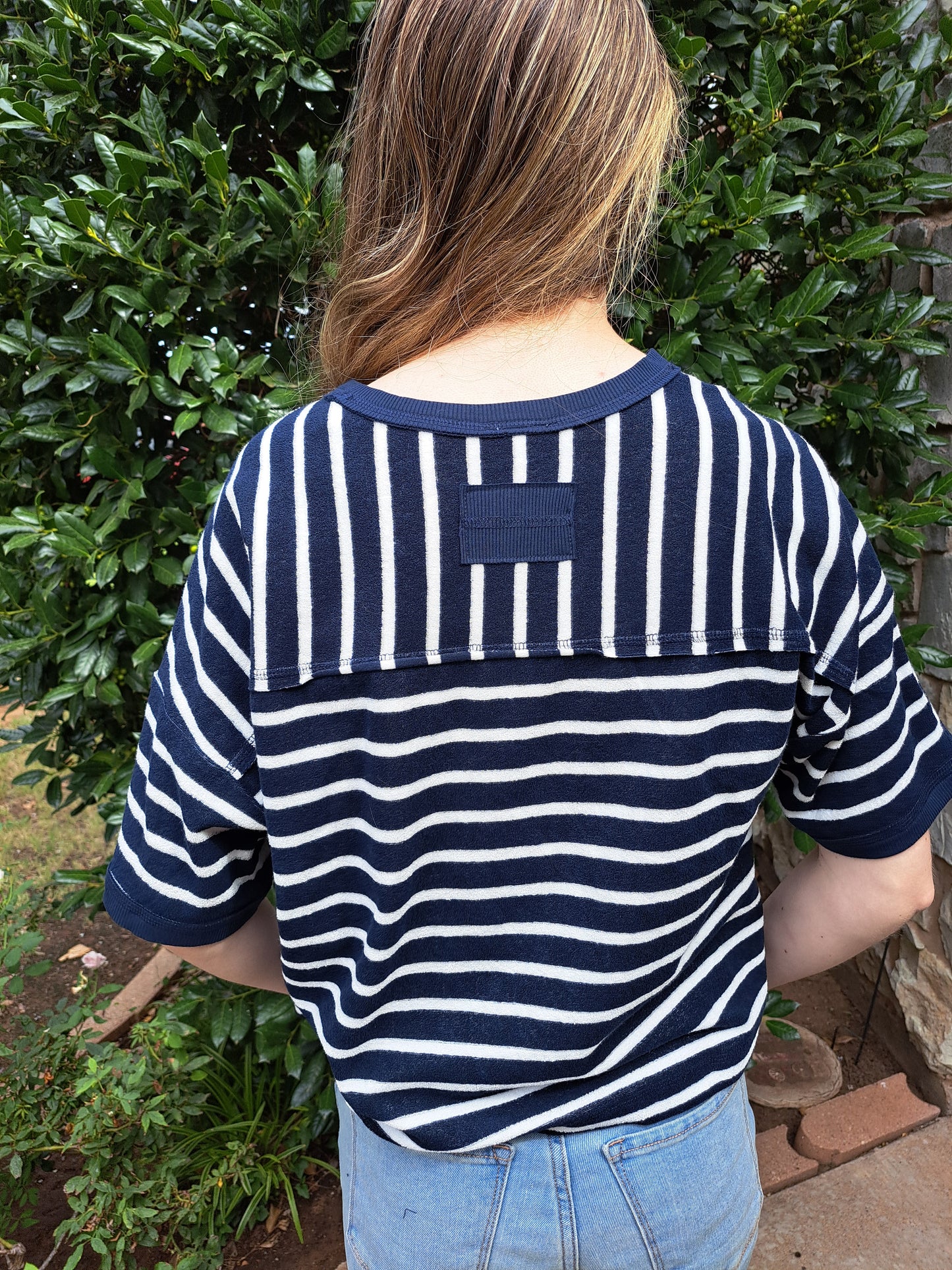 Oversized Navy and White Striped Terry Top - M L