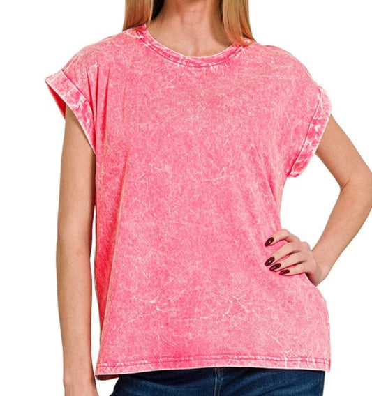 Fuchsia Drop Shoulder Acid Washed Top S M L